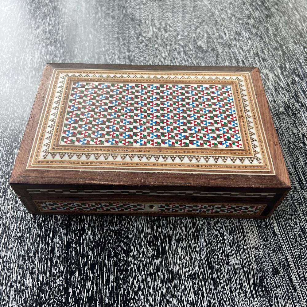 Vintage Wooden Marquetry Jewelry Box White, Red, Green, Blue